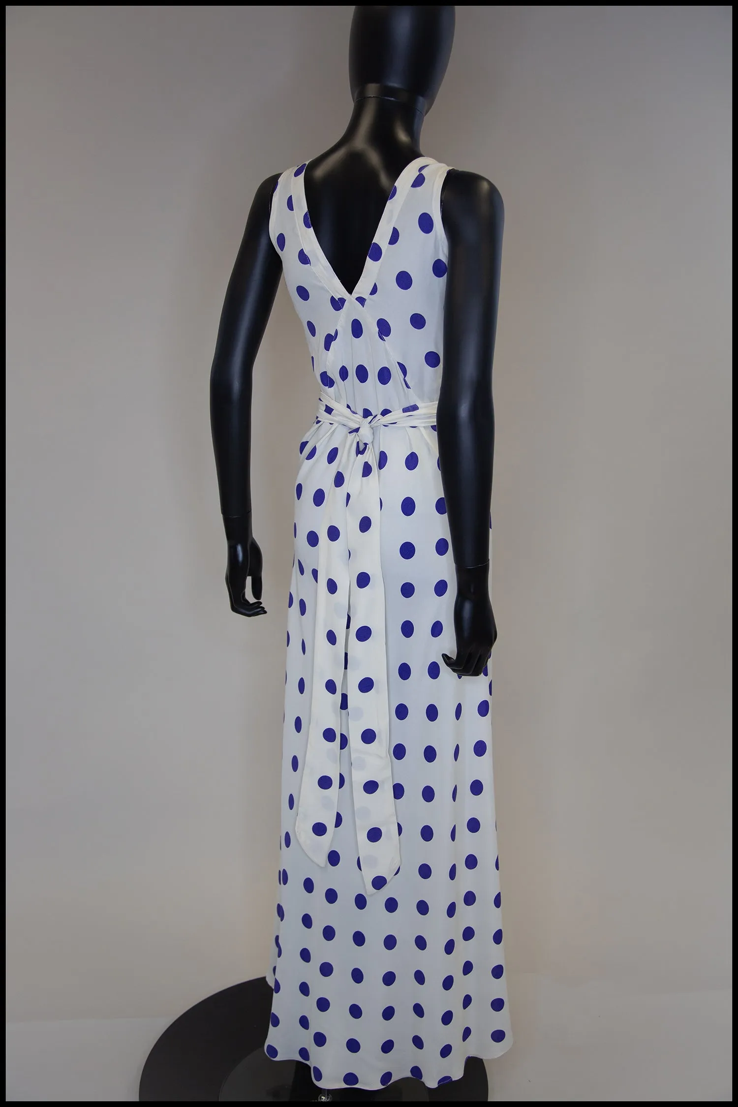 Vintage 1980s Blue Polka Dot Bias Cut Dress