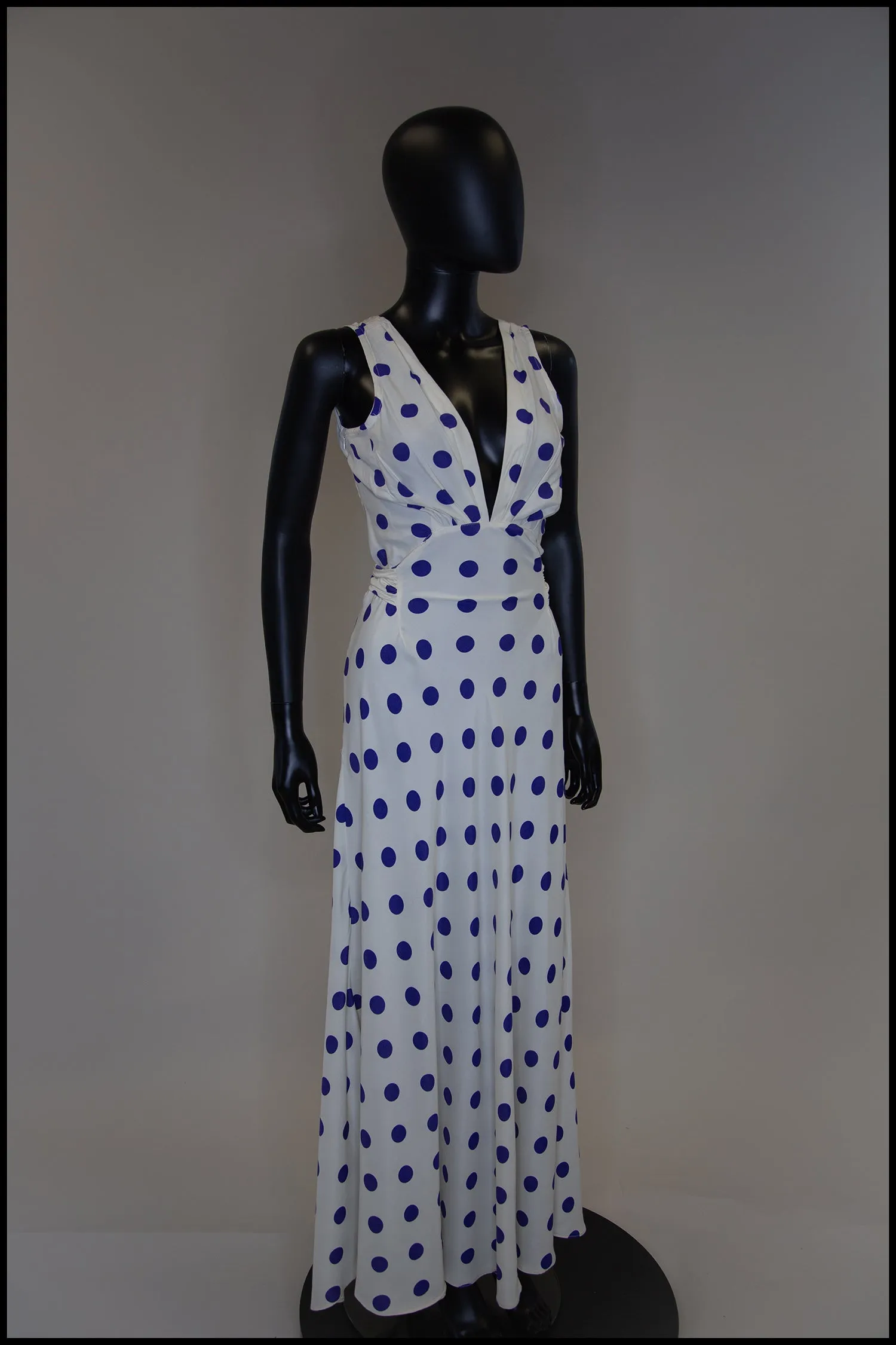 Vintage 1980s Blue Polka Dot Bias Cut Dress