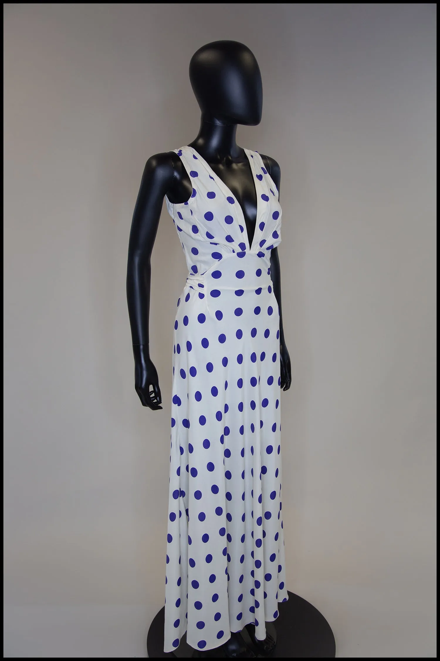 Vintage 1980s Blue Polka Dot Bias Cut Dress