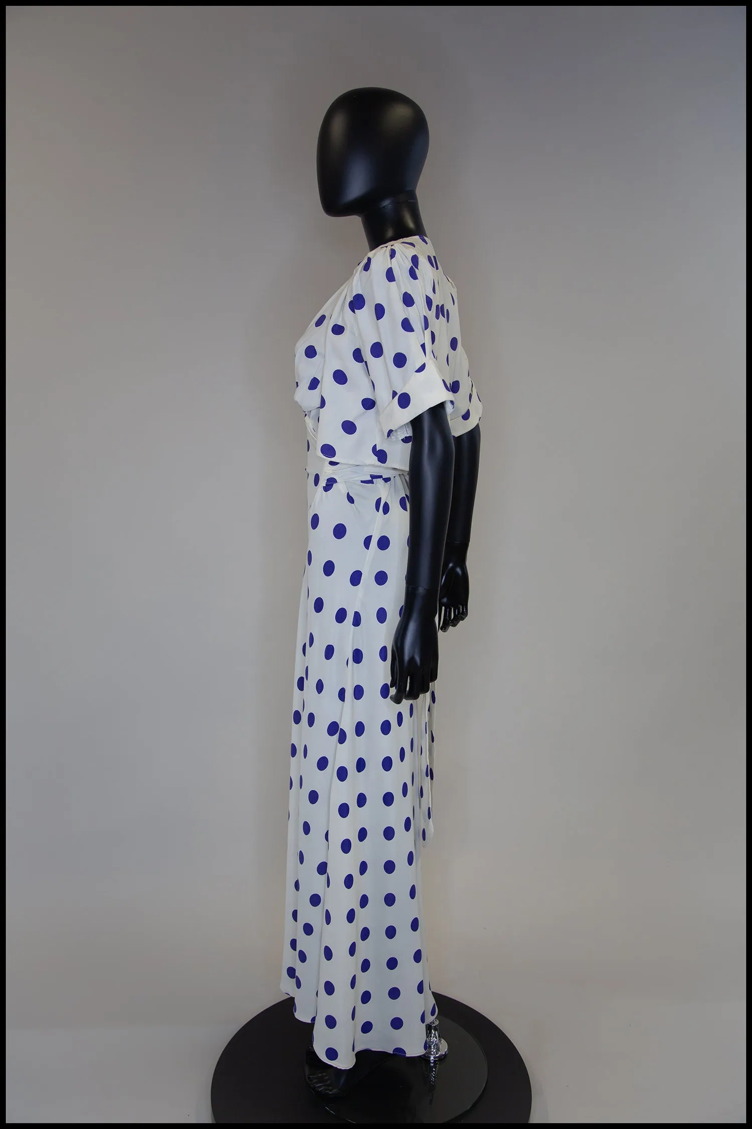 Vintage 1980s Blue Polka Dot Bias Cut Dress