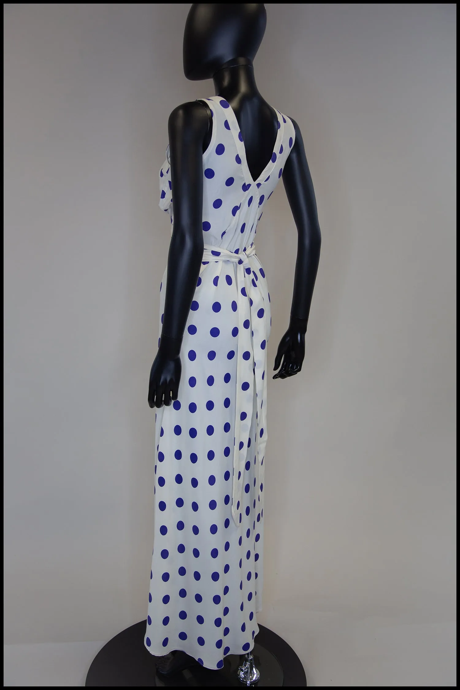 Vintage 1980s Blue Polka Dot Bias Cut Dress