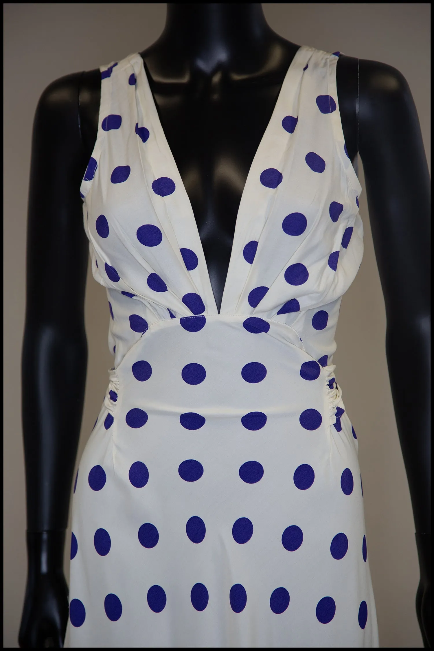 Vintage 1980s Blue Polka Dot Bias Cut Dress