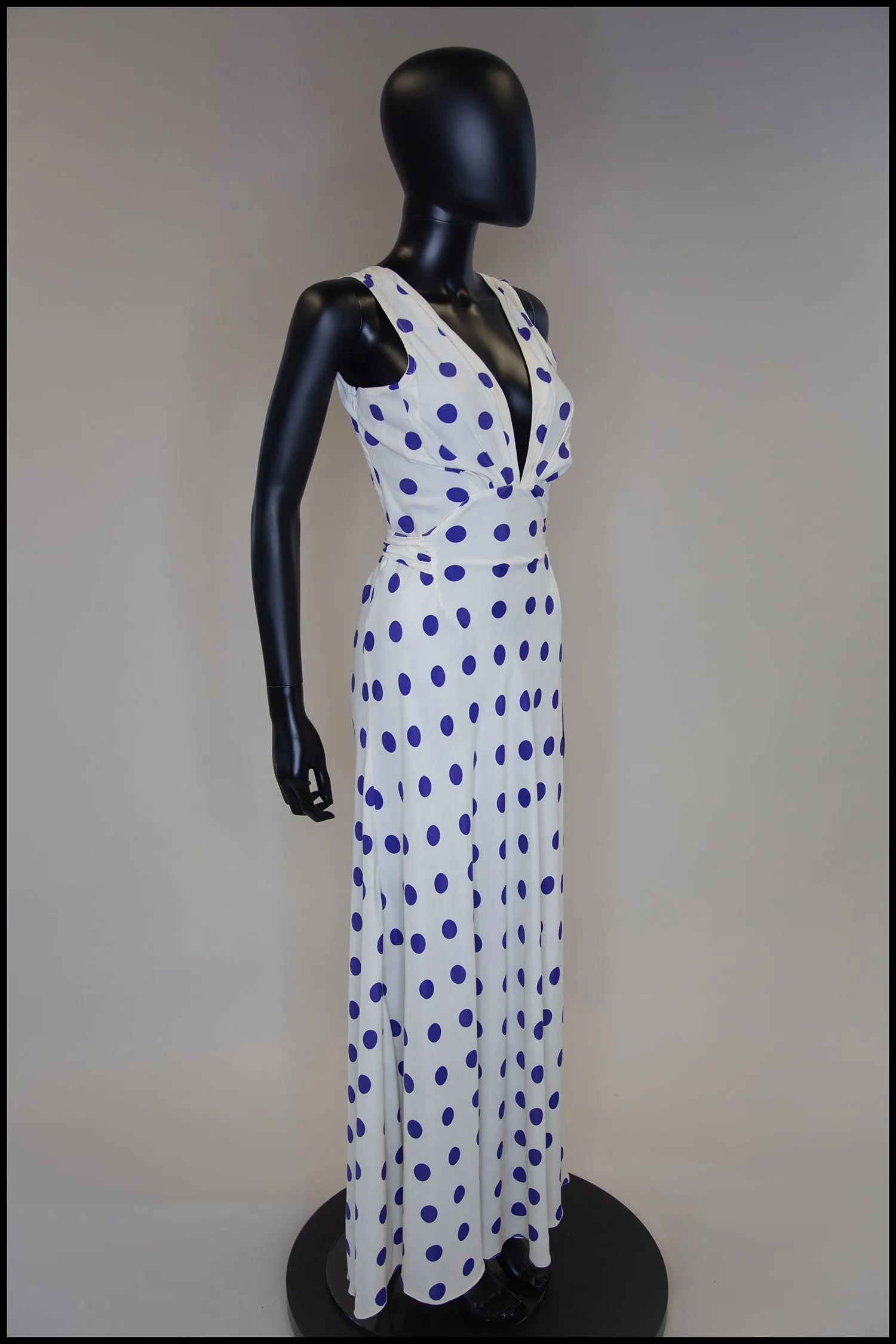 Vintage 1980s Blue Polka Dot Bias Cut Dress