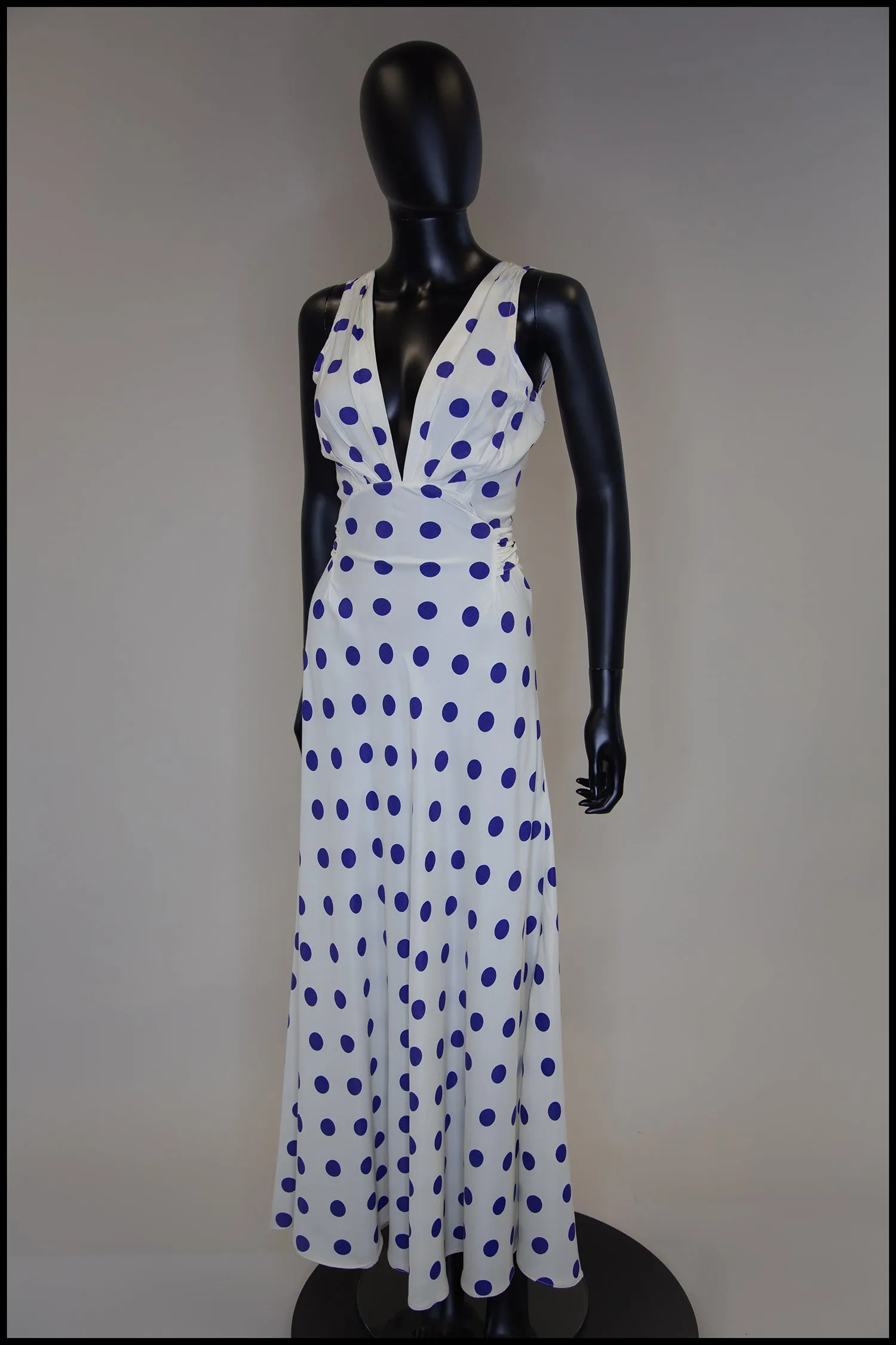 Vintage 1980s Blue Polka Dot Bias Cut Dress