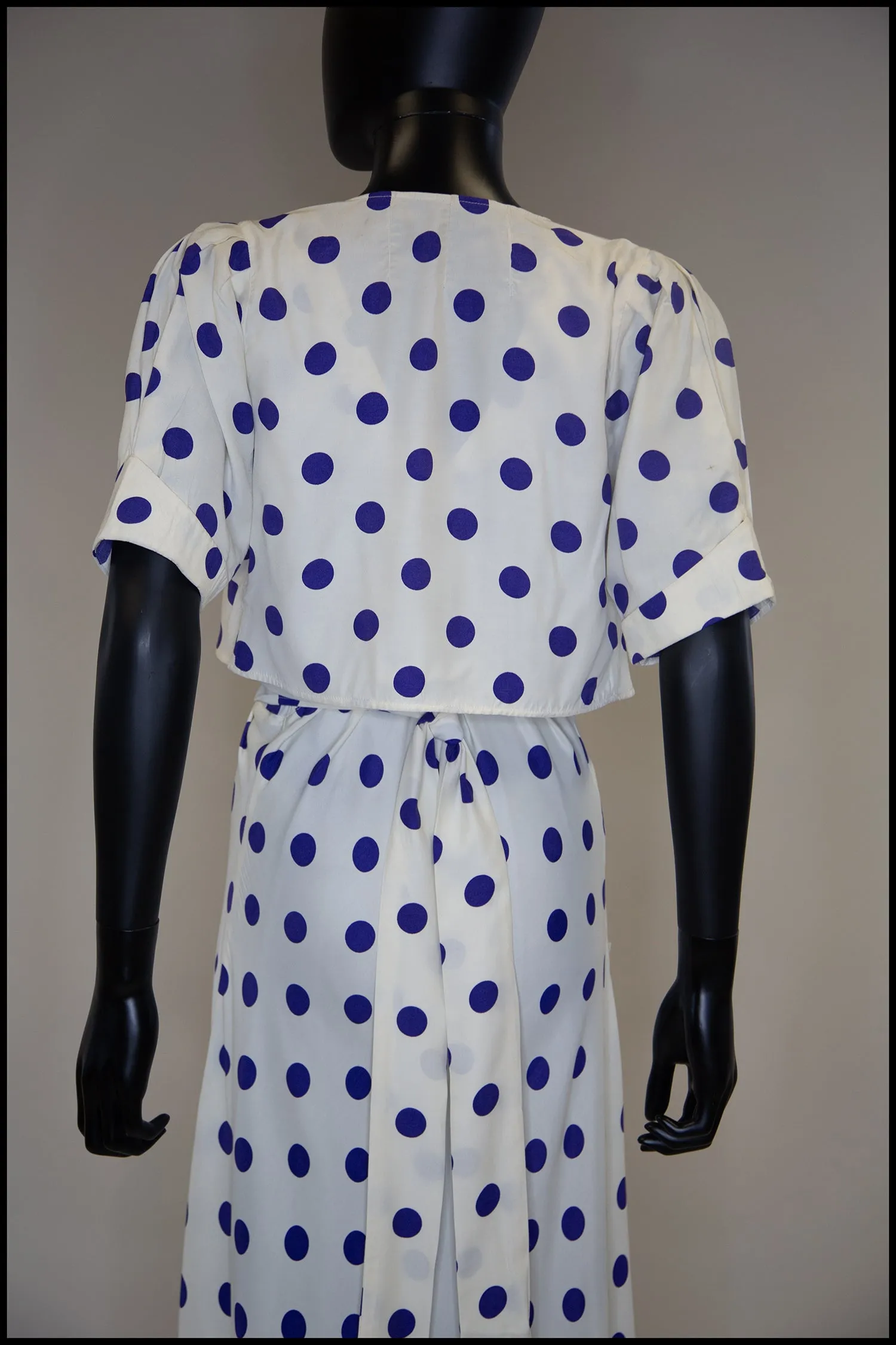 Vintage 1980s Blue Polka Dot Bias Cut Dress