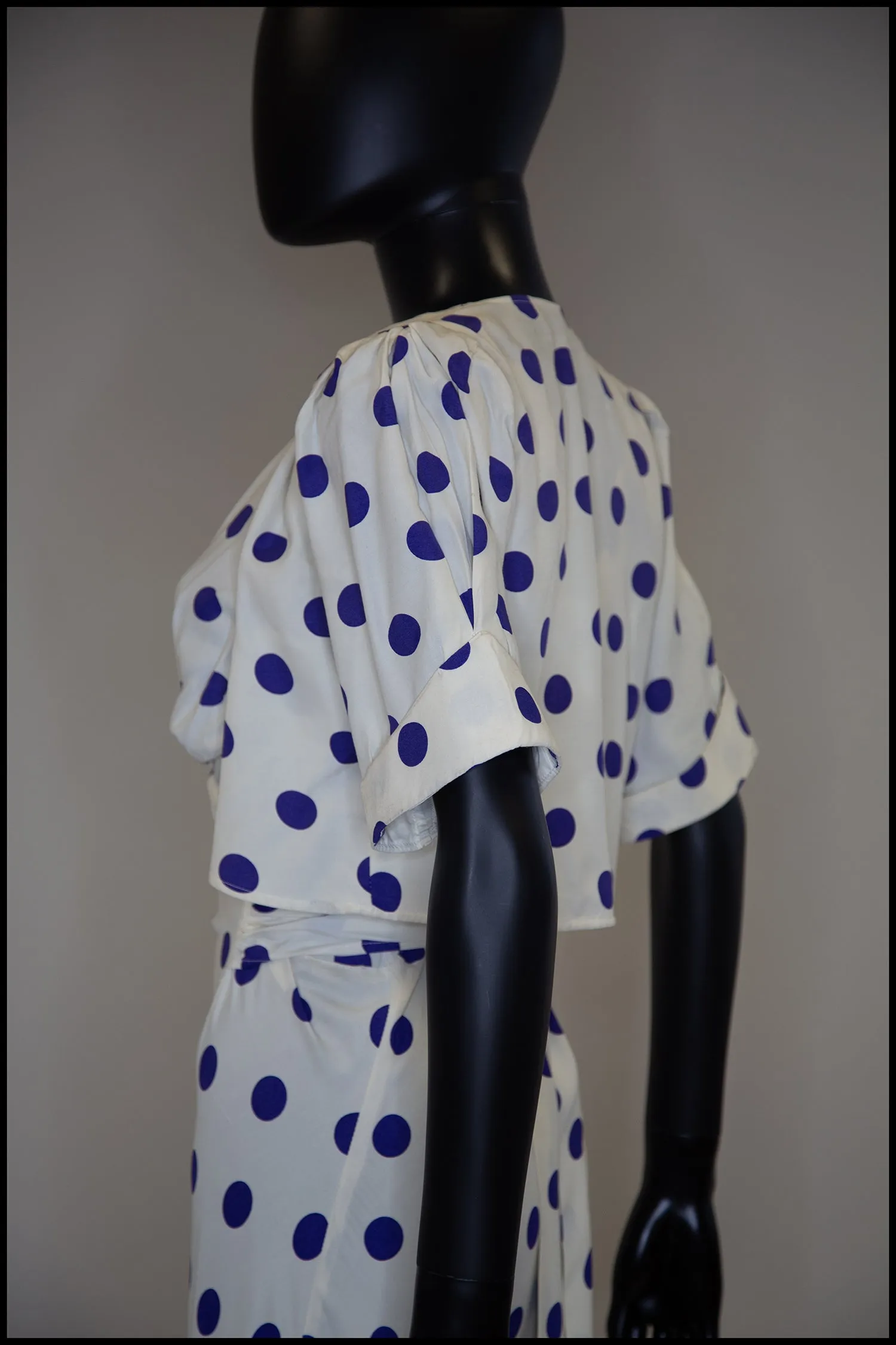 Vintage 1980s Blue Polka Dot Bias Cut Dress