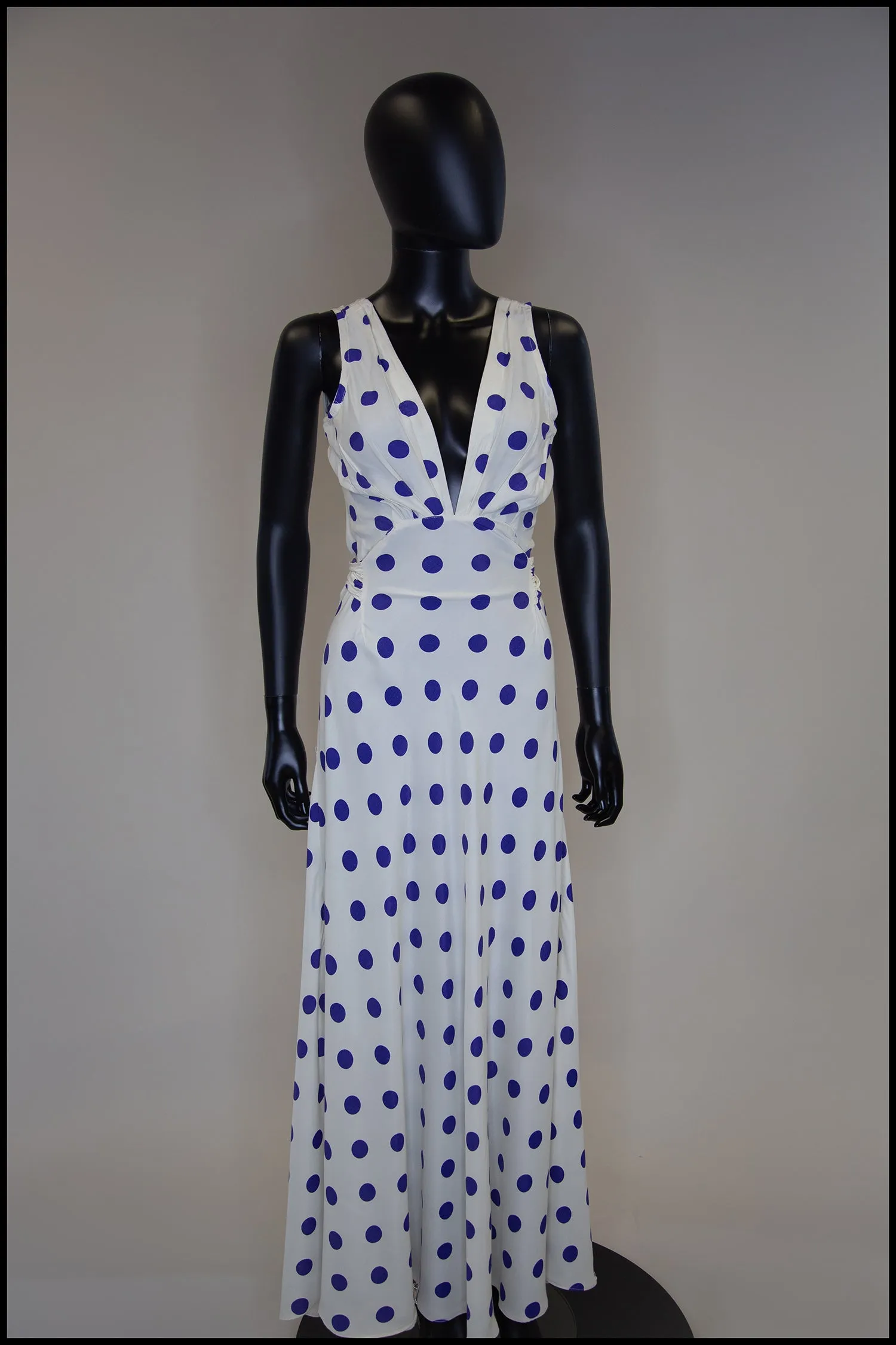 Vintage 1980s Blue Polka Dot Bias Cut Dress