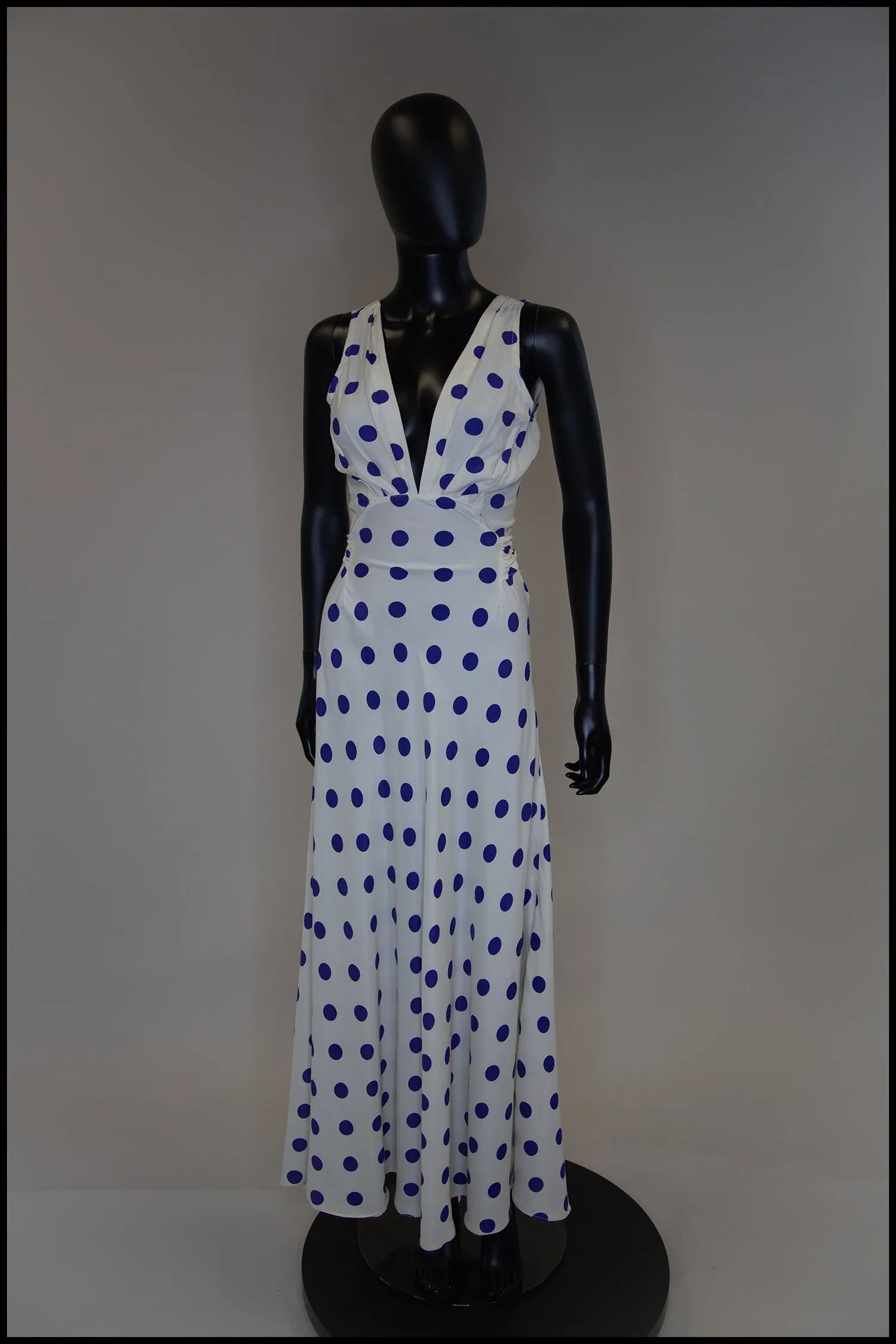 Vintage 1980s Blue Polka Dot Bias Cut Dress