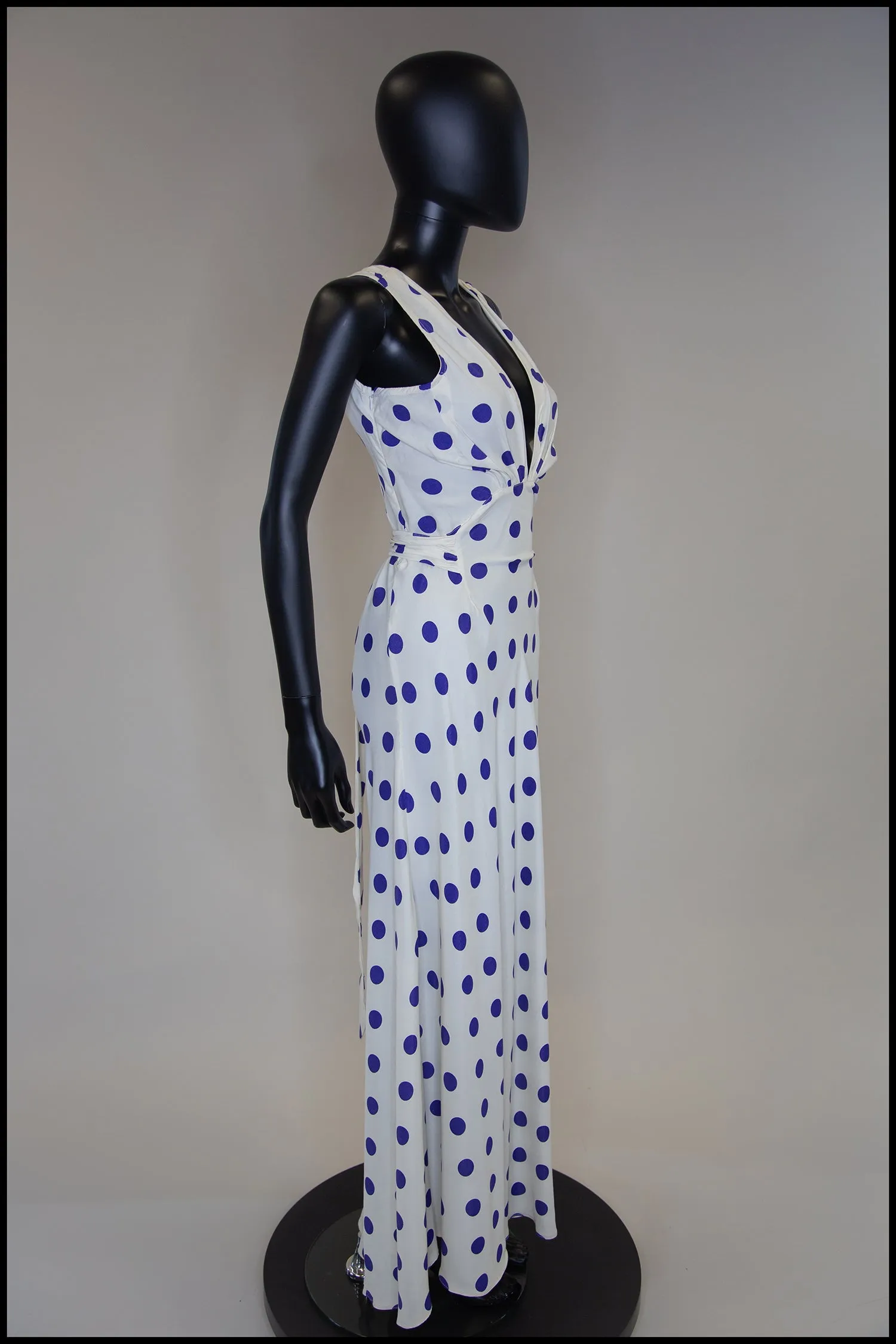 Vintage 1980s Blue Polka Dot Bias Cut Dress