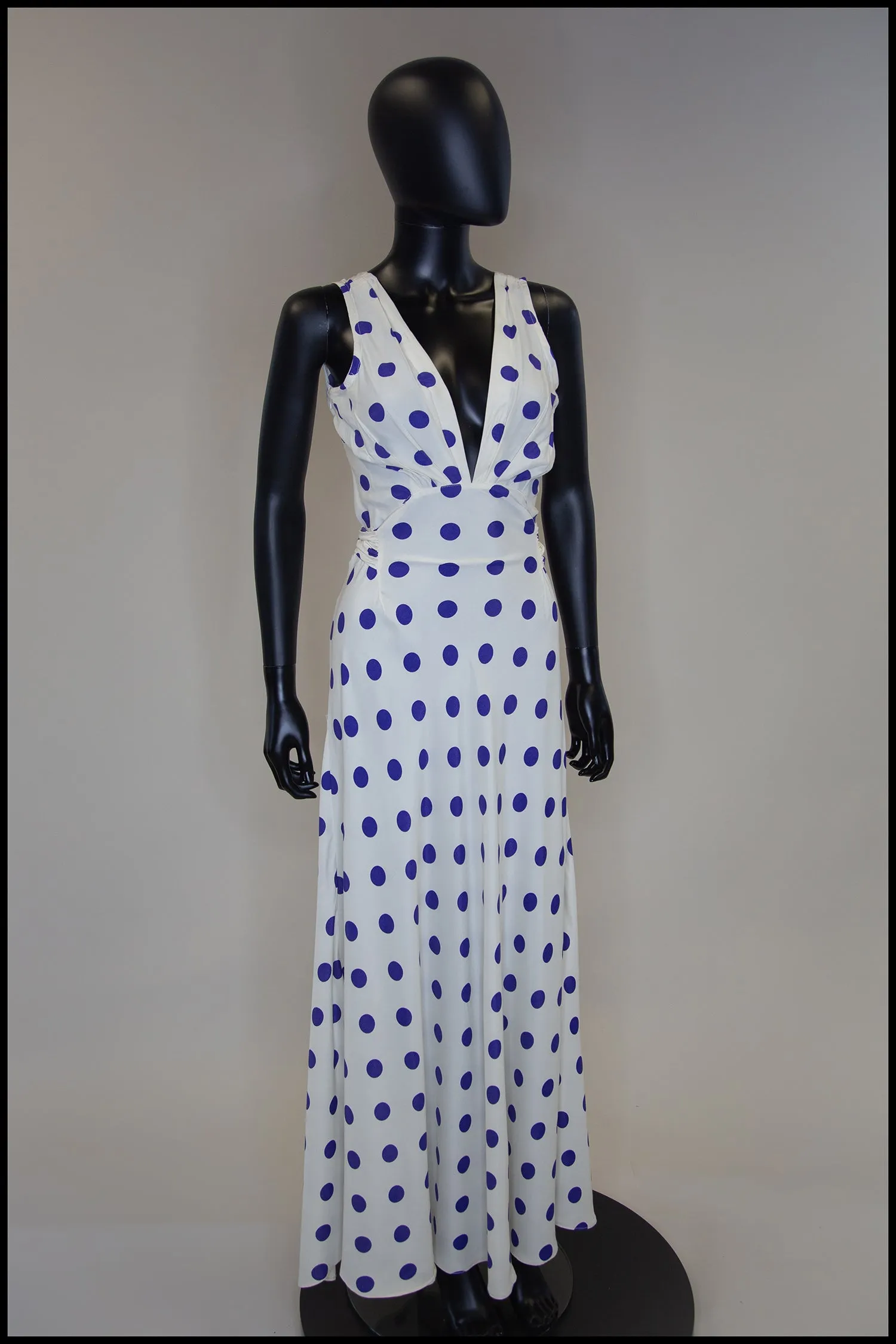 Vintage 1980s Blue Polka Dot Bias Cut Dress