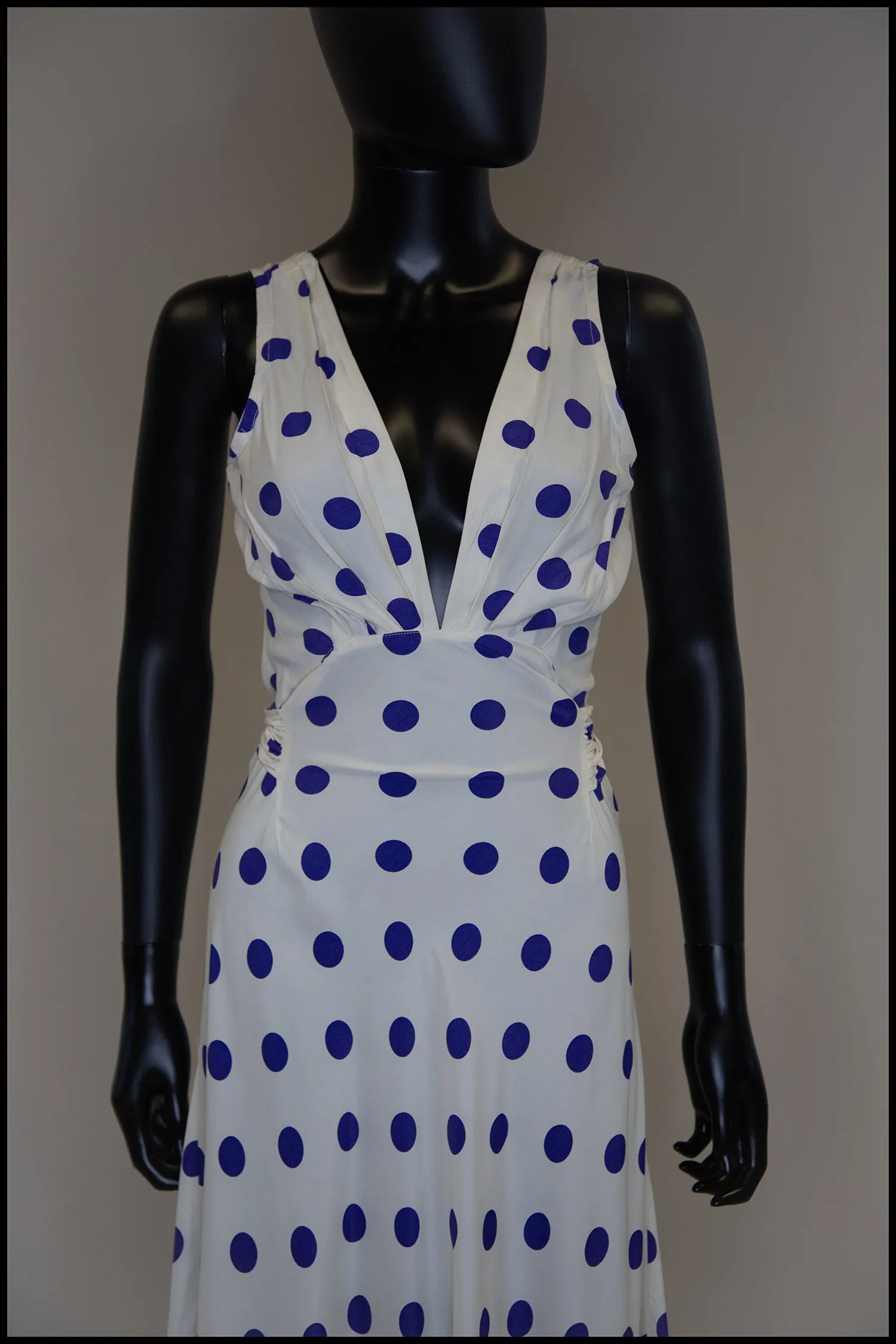 Vintage 1980s Blue Polka Dot Bias Cut Dress