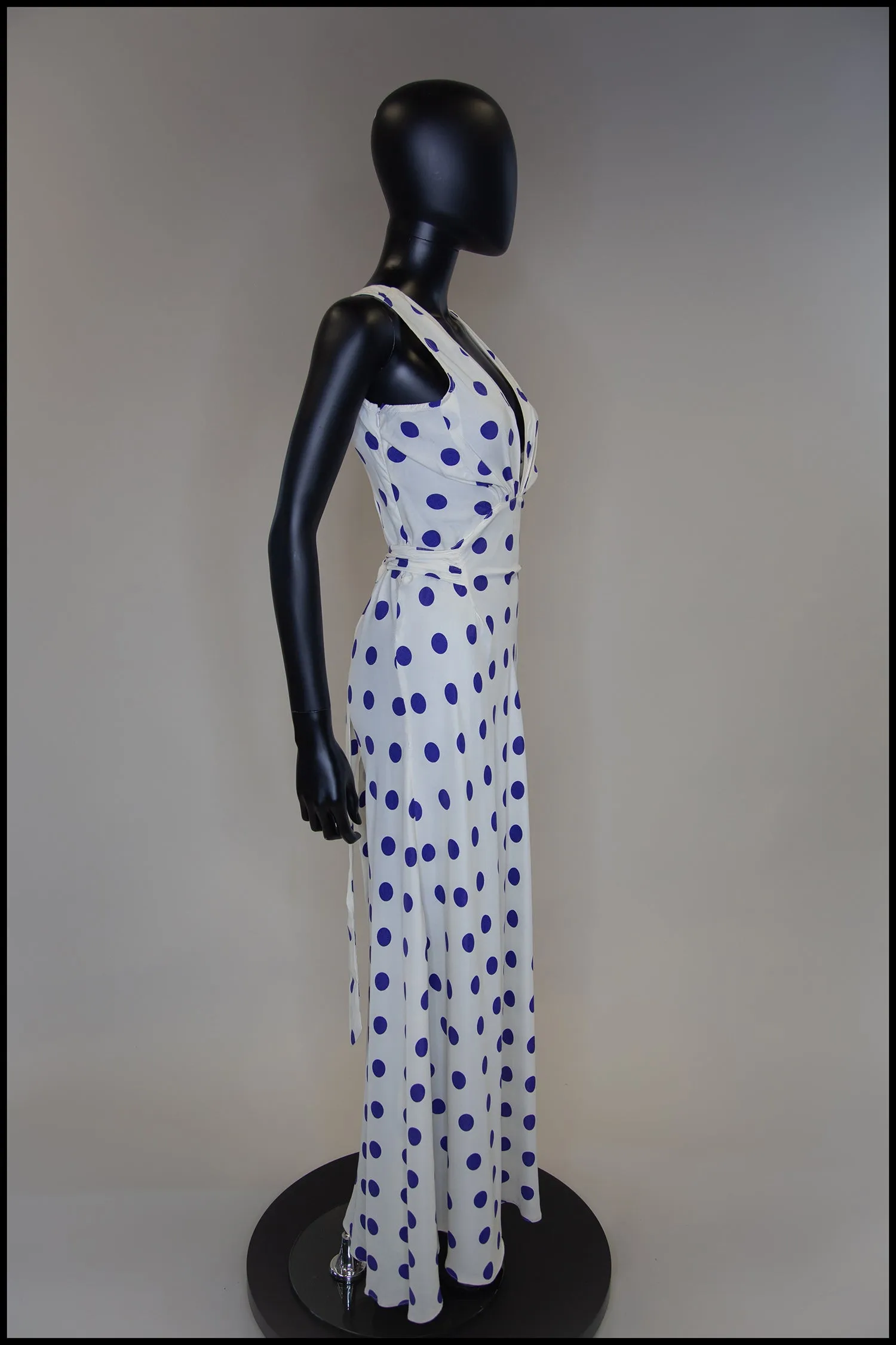 Vintage 1980s Blue Polka Dot Bias Cut Dress