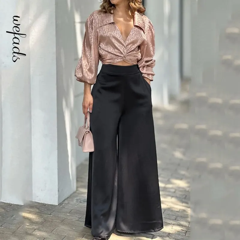 Wefads Women Two Piece Set Fashion Lapel V Neck Flare Long Sleeve High Waist Pleated Top Loose Wide Legs Pants Sets Streetwear