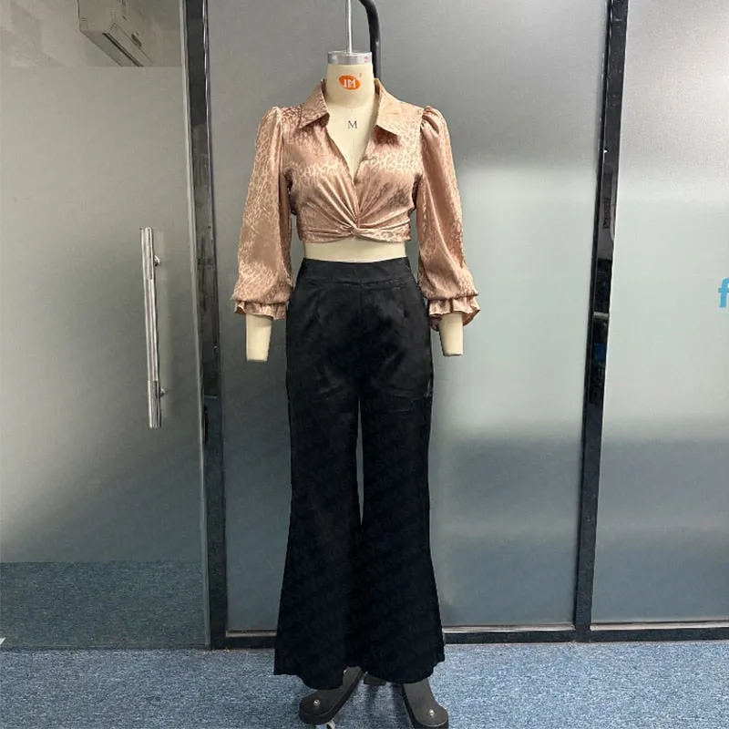 Wefads Women Two Piece Set Fashion Lapel V Neck Flare Long Sleeve High Waist Pleated Top Loose Wide Legs Pants Sets Streetwear
