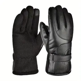 Winter Touchscreen Gloves for Men - Water-Resistant Faux Leather Thermal Gloves with Buckle Closure, Non-Woven Fabric, Machine Washable - Outdoor Riding Cold-Resistant Warm Gloves (1 Pair)