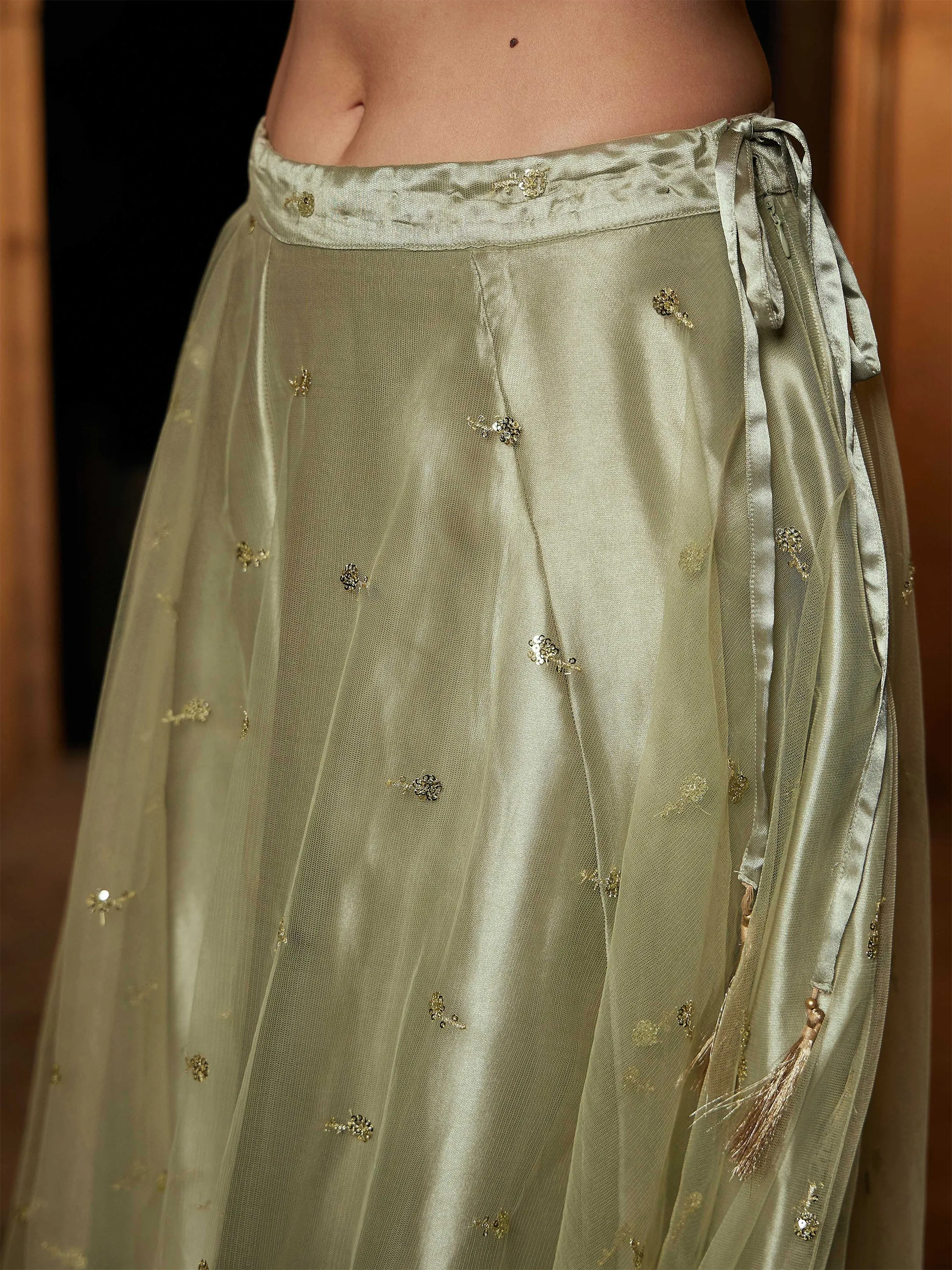 Women Olive Tulle Sequin Anarkali Skirt