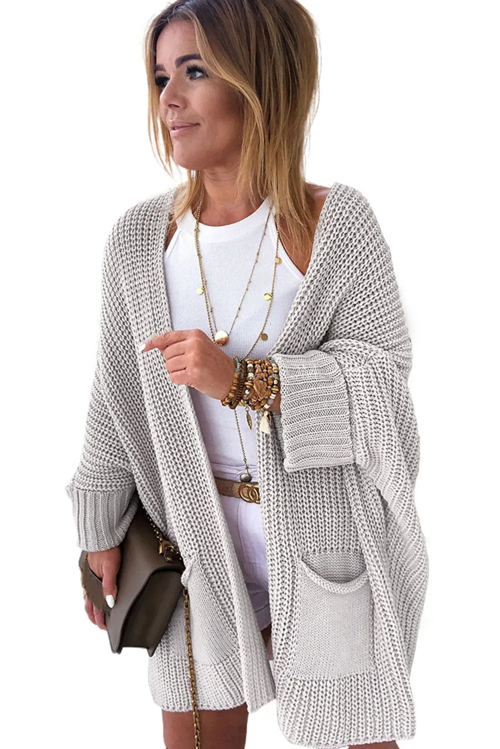 Women's Oversized Fold Over Sleeve Sweater Cardigan with Pockets